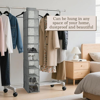 Sadnyy 10-Shelf Hanging Closet Shelf Shoe Organizer with Dust Cover Hanging Closet Organizer Dorm Essentials for Girls Boys Clothes Storage for Hats and Handbags, 10 kg Load Capacity(Gray)