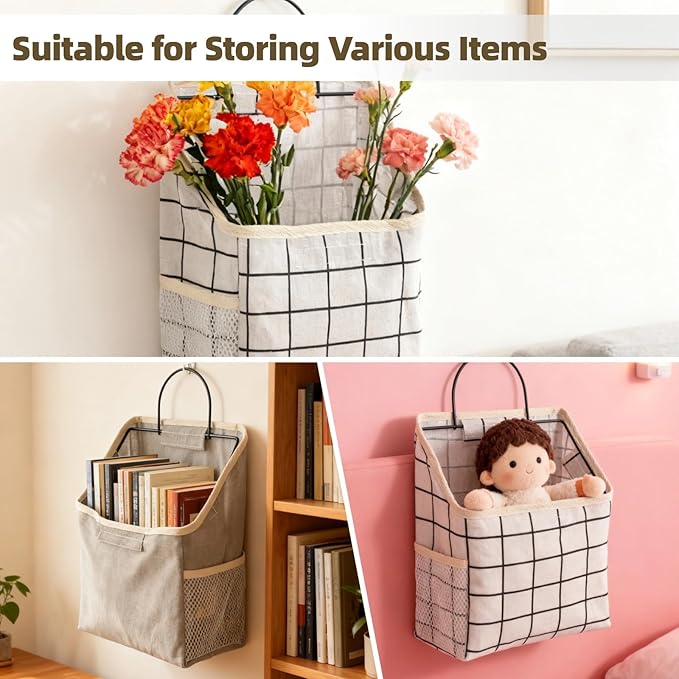 OMISTAR 3 Pcs Fabric Wall Hanging Storage Caddy Bag, Small Wall Mount Bedroom Organizer, 8.9 x 3.9 x 7.5 in Organizer Storage Bag, with Adhesive Hooks, Grey Black White Plaid