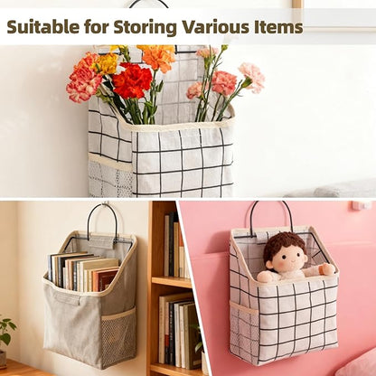 OMISTAR 3 Pcs Fabric Wall Hanging Storage Caddy Bag, Small Wall Mount Bedroom Organizer, 8.9 x 3.9 x 7.5 in Organizer Storage Bag, with Adhesive Hooks, Grey Black White Plaid