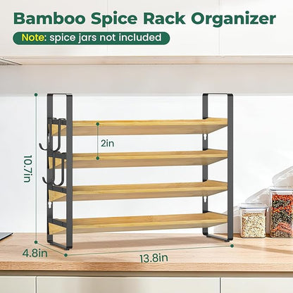 EsLuker.ly Spice Seasoning Rack Organizer Kitchen Countertop, 4 Tier Bamboo Spice Shelf Holder Storage with 4 Hooks, Wall Mounted Freestanding Stand for Pantry, Quick Spice Access(Jars Not Included)