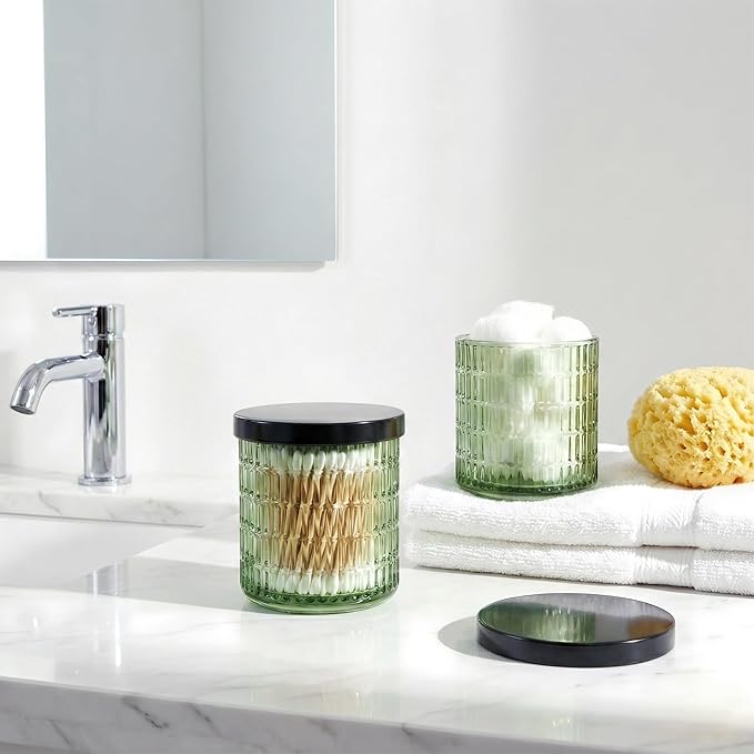 Bathroom Storage Organizer - 2 Pack Glass Qtip Holder Dispenser, Vanity Organizer, Bathroom Essentials Decor Canister for Cotton Swabs, Cotton Balls, Pads, Floss Picks (Green)