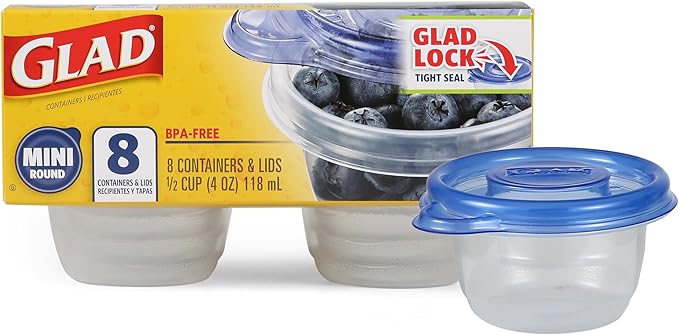 Glad GladWare Mini Round Food Storage Containers with Lids, Small BPA Free Reusable Plastic Snack Containers with Lock Tight Seal for Lunch, Portion Control, and On the Go, 4 Oz, 8 Count