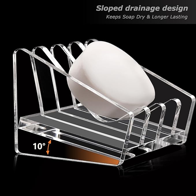 Acrylic Bar Soap Holder, 8MM Thick Clear Anti-Slip Self Draining Soap Dish for Shower, Bathroom, Kitchen, Bath Tub, Countertop, Easy Clean
