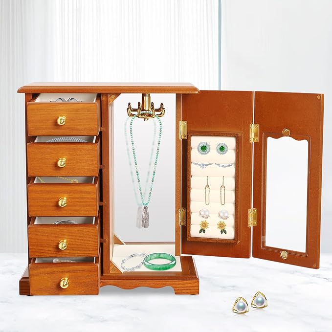 Wooden Jewelry Box, Jewelry Organizer with 5 Drawers, Large Storage Space Desktop Jewelry Storage Box with Anti-Slip Feet,for Organizing Necklaces, Bracelets, Earrings (Light Wood Color)