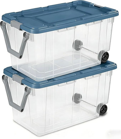 160-quart durable clear storage box with locking lid and handle, blue, 2-pack