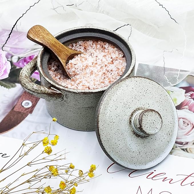 8 oz Ceramic Salt Cellar with Lid & Wooden Spoon,Countertop Salt Container,Sugar Bowl,Spices Jar| Artisan Kitchen Decor(Light Coarse Pottery Color)