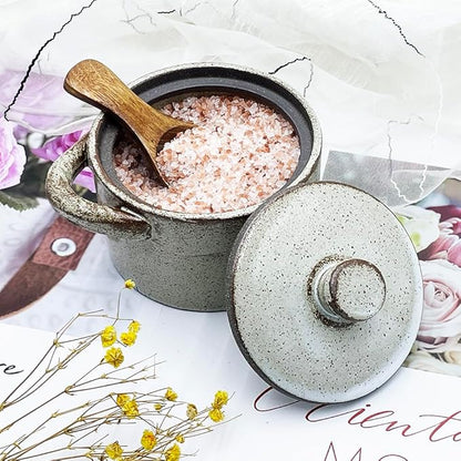 8 oz Ceramic Salt Cellar with Lid & Wooden Spoon,Countertop Salt Container,Sugar Bowl,Spices Jar| Artisan Kitchen Decor(Light Coarse Pottery Color)