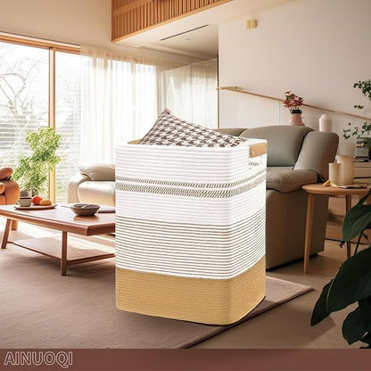 Large Laundry Hamper Basket, 85L Cotton Rope Woven Storage Bin for Blankets, Dirty Clothes Toys, Decorative Tall Basket with Leather Handles for Living Room, Bedroom, Bathroom, Nursery, Jute