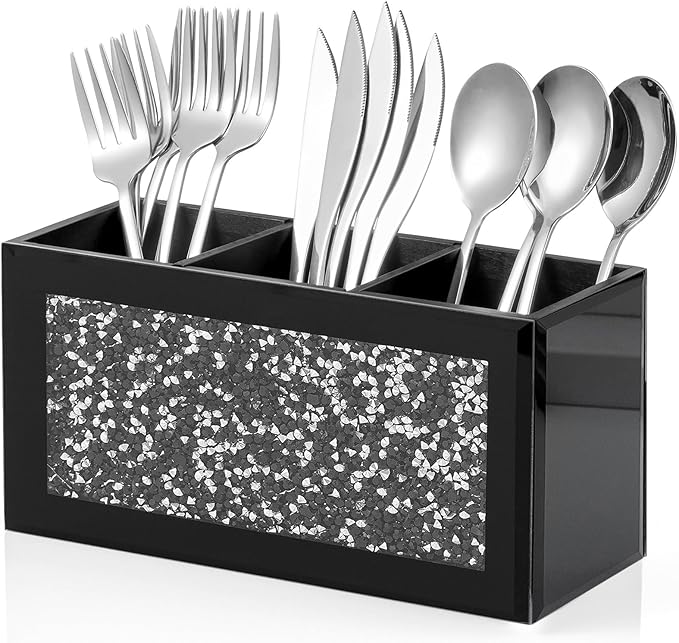 SHYFOY Silverware Holder, Black Glass Mirror Utensil Caddy, 3-Slot Silverware Organizer with Crystal Diamonds, Cutlery Holder for Party, Fork Spoon Knife Organizer