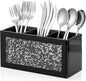 SHYFOY Silverware Holder, Black Glass Mirror Utensil Caddy, 3-Slot Silverware Organizer with Crystal Diamonds, Cutlery Holder for Party, Fork Spoon Knife Organizer