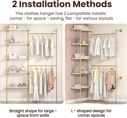 Industrial Pipe Clothing Rack, Wall Mounted DIY Garment Rack with 2 Adjustable Rod & 5 Shelves, Heavy Duty Closet Organizers System in Wardrobe Closet, Gold