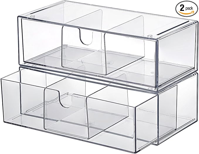 Hipiwe 2-Tier Acrylic Storage Drawer Stackable Box Hair Accessories Organizer Clear Desktop Organizer with Removable Dividers for Vanity Bathroom