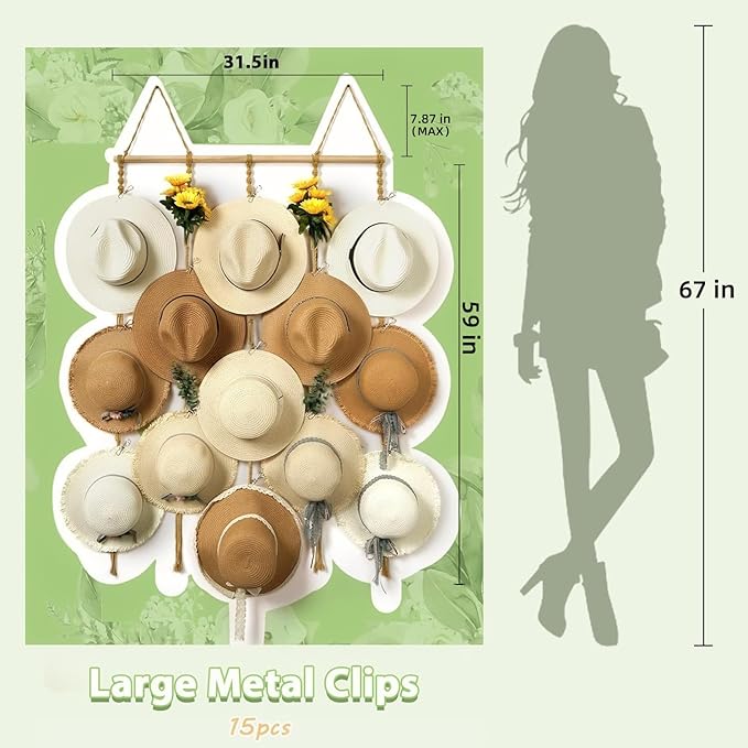 Macrame Hat Organizer Rack for Wall 15 Clips 31x66in Large Fedora Hat Hangers Display for Wide Brimmed Hat Holder Storage Boho Decor for Fedora Sun Straw Panama Closet Bedroom Brown