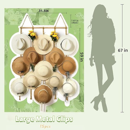 Macrame Hat Organizer Rack for Wall 15 Clips 31x66in Large Fedora Hat Hangers Display for Wide Brimmed Hat Holder Storage Boho Decor for Fedora Sun Straw Panama Closet Bedroom Brown
