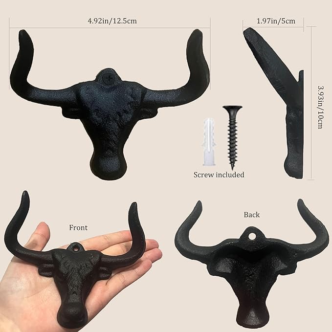 Cowboy Hat Holder for Wall, 4 Pack Cowboy Hat Rack Cast Iron Hat Holder Cowgirl Hat Hooks Vintage Western Wall Decor for Bathroom Entryway Closet Cow Bull Animal Farmhouse Gift Antique Rust