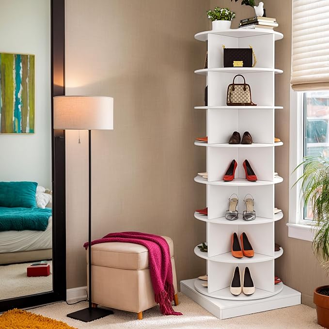 Rotating Shoe Rack Tower, 360-Degree Circular Storage Organizer for Shoes and Handbags, Vertical Space-Saving Cabinet for Entrance Hall, Independent Rotating Shoe Shelf