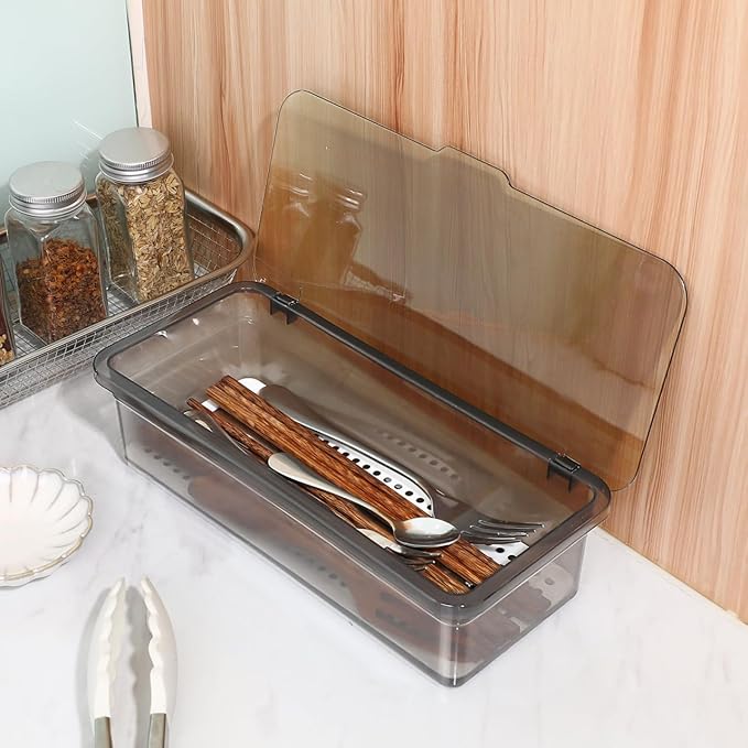 DOITOOL 3 Pcs Covered Silverware Organizer with Lid Plastic Dustproof Utensil Organizer Silverware Tray Utensil Tray for Kitchen Countertop