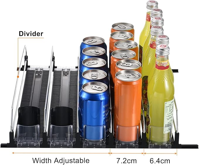 METALLIXITY Soda Can Organizer for Refrigerator (16" x 2.9") 5pcs, Self-Pushing Drink Organizer for Home Fridge, Width Adjustable Drink Dispenser Beverage Pusher for Pantry, Kitchen, Black