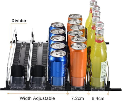 METALLIXITY Soda Can Organizer for Refrigerator (16" x 2.9") 5pcs, Self-Pushing Drink Organizer for Home Fridge, Width Adjustable Drink Dispenser Beverage Pusher for Pantry, Kitchen, Black