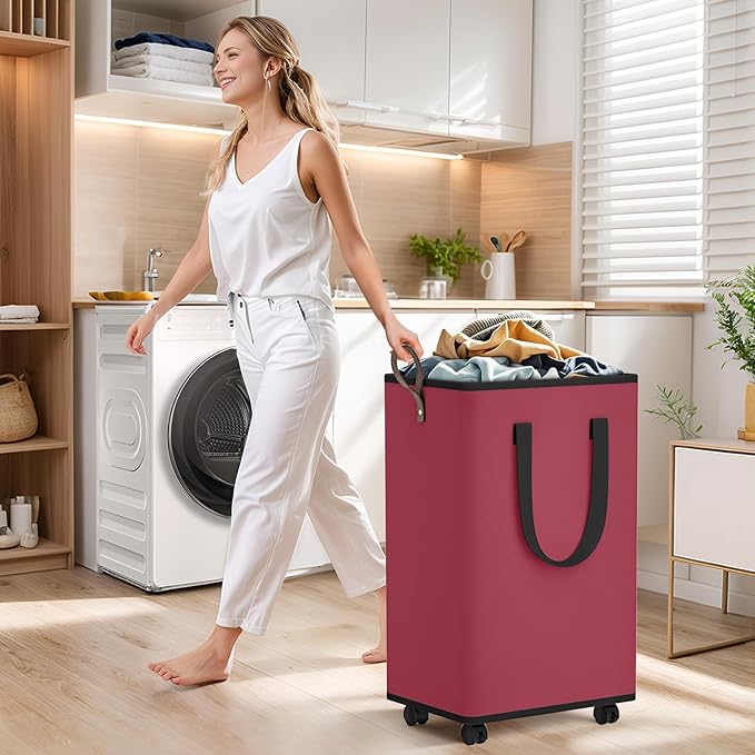 SpaceTrove Laundry Basket with Wheels, Collapsible Laundry Baskets, Laundry Hamper with Handles Detachable Wheels, Rolling Laundry Basket, Dirty Clothes Hamper for Bathroom, Dorm, Bedroom, Red, 100L