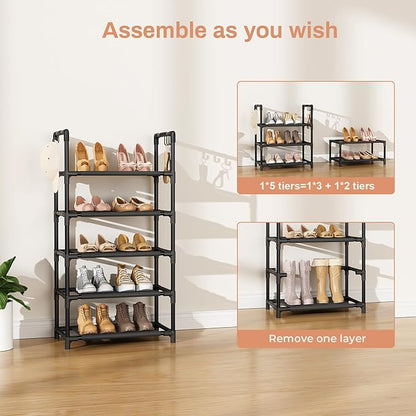 LANTEFUL 5 Tiers Shoe Rack 12-15 Pairs Boots Organizer Storage Sturdy Narrow Shoe Shelf for Entryway, Closets with Hooks, Black