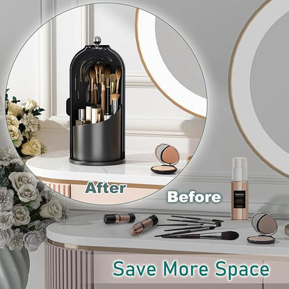 GAXmi Makeup Brush Holder with Lid Cosmetic Tools Organizer 360 Rotating Waterproof Dustproof Beauty Brushes Storage for Vanity, Dark Black