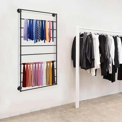 10 Tiers Tie & Scarf Rack, Wall Mounted Scarf Rack, Wall Display Rack, Multifunctional Metal Rack, Towels Storage Rack, Ribbon Holder Wall Display Rack for Accessory Stores Flower Shops (Black)