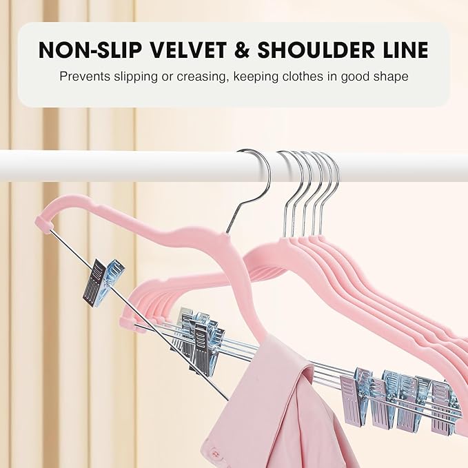24-Pack Blush Pink Velvet Hangers with Clips Adjustable,Adult Hangers,Heavy-Duty,Felt,Non-Slip,Space Saving,Slim Outfit Hanger for Pants, Skirts, Suits,Coats, Dresses ect.