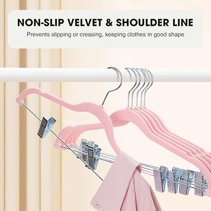 24-Pack Blush Pink Velvet Hangers with Clips Adjustable,Adult Hangers,Heavy-Duty,Felt,Non-Slip,Space Saving,Slim Outfit Hanger for Pants, Skirts, Suits,Coats, Dresses ect.