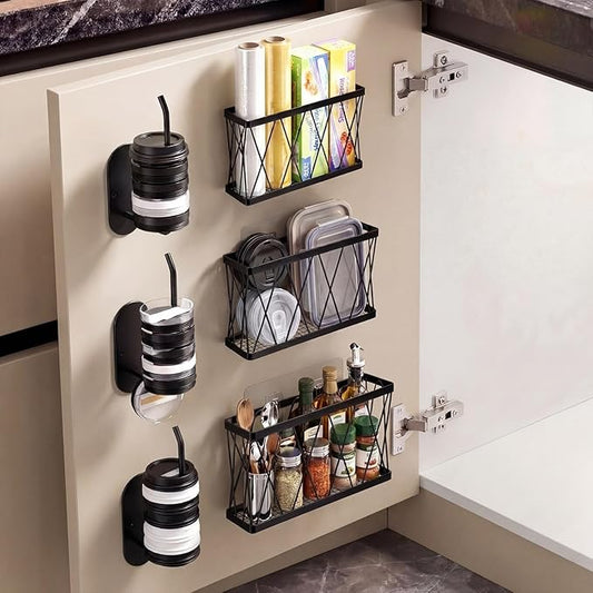 6 Pack Adhesive Cabinet Door Organizer, Lid Organizers Inside Cabinet Food Container/tumbler Lid Organizer and Storage Cup Lids Holder for Kitchen & Bathroom Wall Mounted(Black)