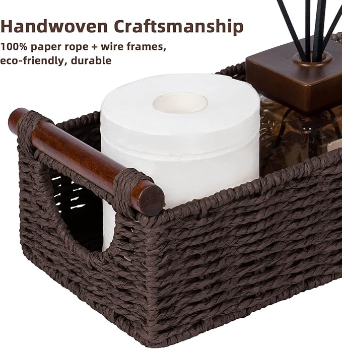 CubesLand Wicker Toilet Storage Basket Tray Organizer W/Cut Out Handle, Slim Decorative Basket for Countertop, Shelves And for Versatile Home Decor, Living Room, Nursery Organization, Brown