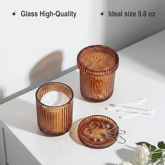2 Pack Qtip Holder - Apothecary Jars with Lids, Bathroom Organizers and Storage Canister for Cotton Balls,Swabs,Floss Picks,Hair Ties,Clear Glass Vintage Bathroom Decor Jar Set (Brown)