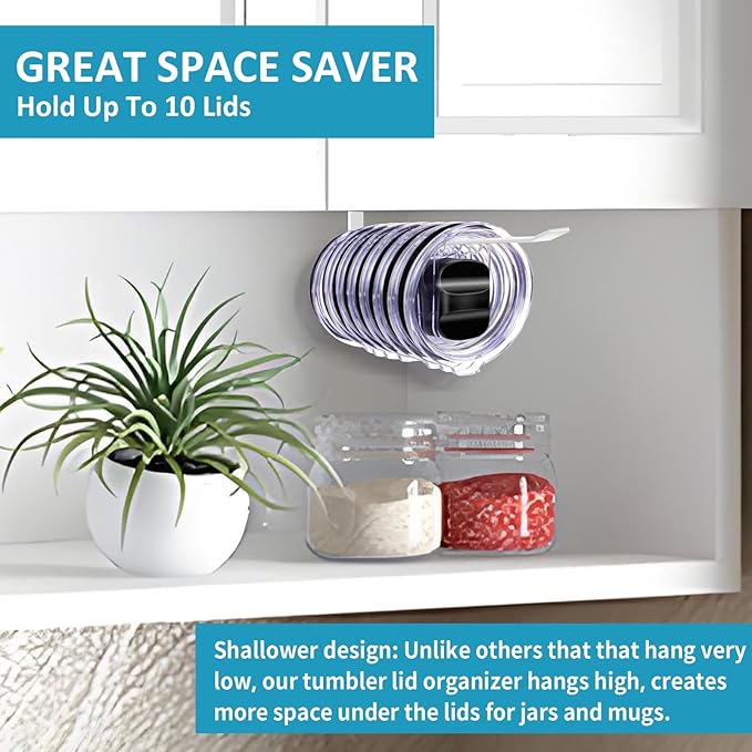 Shallow Tumbler Lid organizers for Cabinet, Space Saving Yeti Tumbler Lid Holder, Stanley Cup Lid organizers Under Cabinet, No Drill Cup Lid Hanger Must-Have 2025, 2 Pack Storage