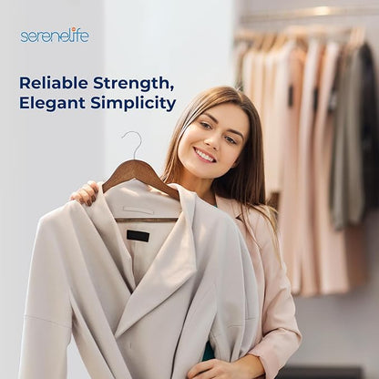 SereneLife 80 Solid Wooden Hangers Heavy Duty Closet Organizer Vintage Natural Color Chrome 360° Swivel Hook Notched Design Holds Dresses Jackets Pants Suits 10 lbs Capacity