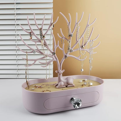 MORE&LESS Antlers Jewelry Display Stand with Drawer and Crystal Handle, Tree Tower Rack Hanging Organizer for Ring Earrings Necklace Bracelet