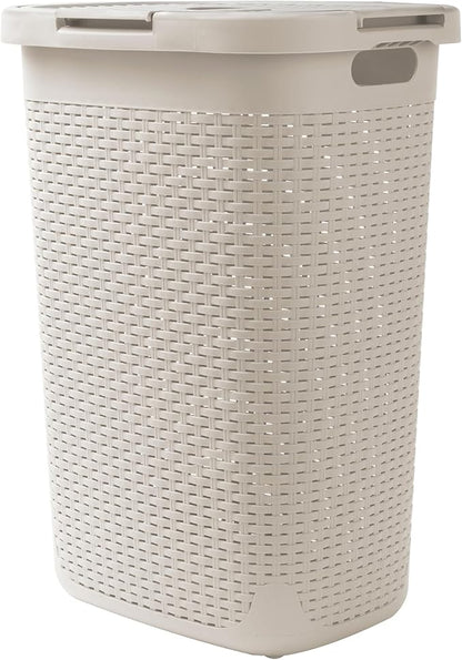 Mind Reader Slim Laundry Hamper with Lid, 60L Tall Clothes Basket, Narrow Tapered Design for Bathrooms, Closets and Laundry Rooms, Plastic, Ivory