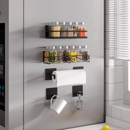 Magnetic Spice Rack for Refrigerator, 4 Pack Strong Magnetic Shelf for Spices, Jars, Bottles, Perfect Space Saver for Small Kitchen/Apartment (Black, 4pack)