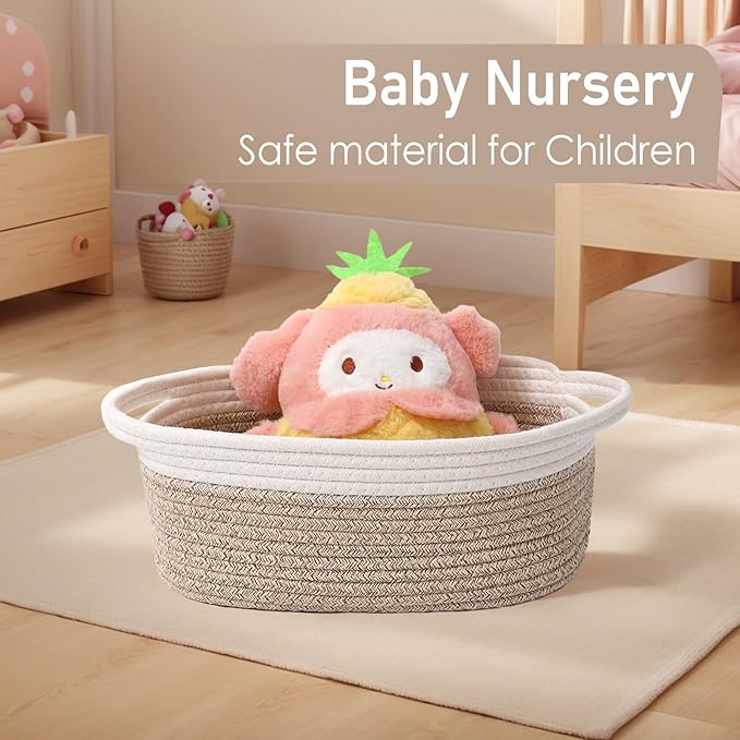 JMvicyroam Woven Basket,Small Rope Storage Bin with Handles & Ribbon Bag, Organizer for Shelves Closets,Gift Basket Empty for Birthday,Books,Dog Toys, White&Oatmeal/3 Pack