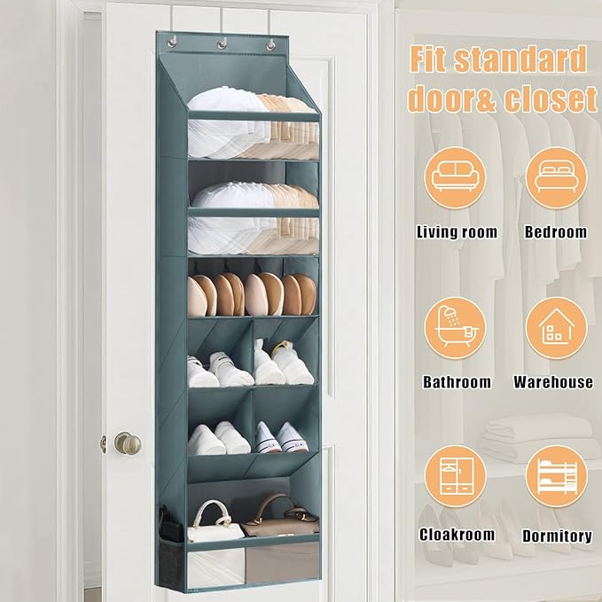 Over the Door Organizer with 6 Tiers & 11 Pockets – Multi-Purpose Hanging Door Organizer with Clear Pockets, Heavy Duty Space-Saving Closet Storage, Fits Shoes Hats Bags, Tool-Free Installation, Grey