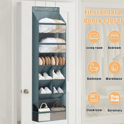 Over the Door Organizer with 6 Tiers & 11 Pockets – Multi-Purpose Hanging Door Organizer with Clear Pockets, Heavy Duty Space-Saving Closet Storage, Fits Shoes Hats Bags, Tool-Free Installation, Grey
