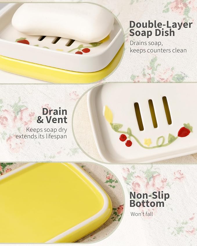 Ceramic Soap Dish, Handpainted Farmhouse Self Draining Soap Holder, Double Layer Bar Soap Holder with Floral Design, Decorative Soap Dish for Bathroom Shower Kitchen Sink, Keeps Soap Dry, ANTIS'S HOME