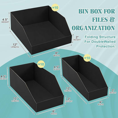 Fuyoooo 30 Pack 12 x 4/6/8 x 4.5 Inches Cardboard Storage Bins Open Top Bin Boxes Black Corrugated Shelf Organizer Bins for Pantry, Parts, Garage, Snacks, Bottles, Cans or Warehouse Home Cubby