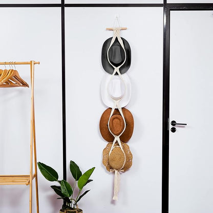 Yulejo Macrame Hat Hangers Racks Boho Cowboy Hats Holders Western Display Organizer Storage decor Back of Door for Wall(White,Four Hats Style)