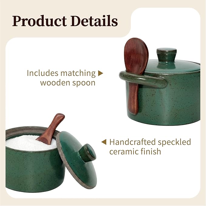 Handcrafted Speckled Ceramic Salt Cellar with Wooden Spoon, Rustic Vintage Spice Jar, Dishwasher Safe, 8.45 fl oz (Vintage Green set of 2)