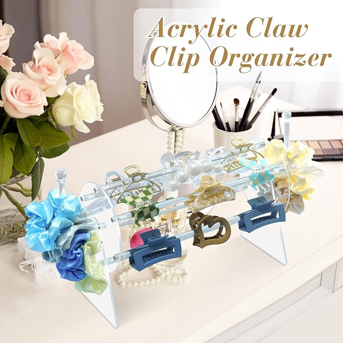 SNOWSTAR Acrylic Claw Clip Organizer Holder,360-Degree Rotating Claw Clip Holder and L-Type Storage,Hair Clip Organizer Display Clear Stand for Women and Girls
