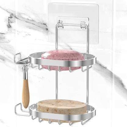 MASADI 2 Tier Soap Dish Holder, Soap Bar Holder with Hooks, Shampoo Bar Caddy for Shower Wall, Razor Holder for Shower, Bar Soap Container 304 Stainless Steel, Bathroom(Silver)