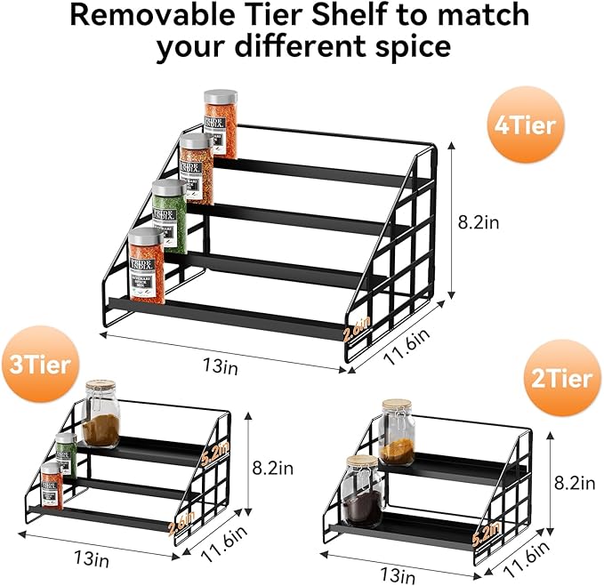 Bunoxea Spice Rack Kitchen Cabinet Organizer,4 Tier Countertop Spice Rack,Tier Depth Adjustable Cabinet Shelf,Step Spice Organization Easy Visibility,Holds Seasoning and Condiments