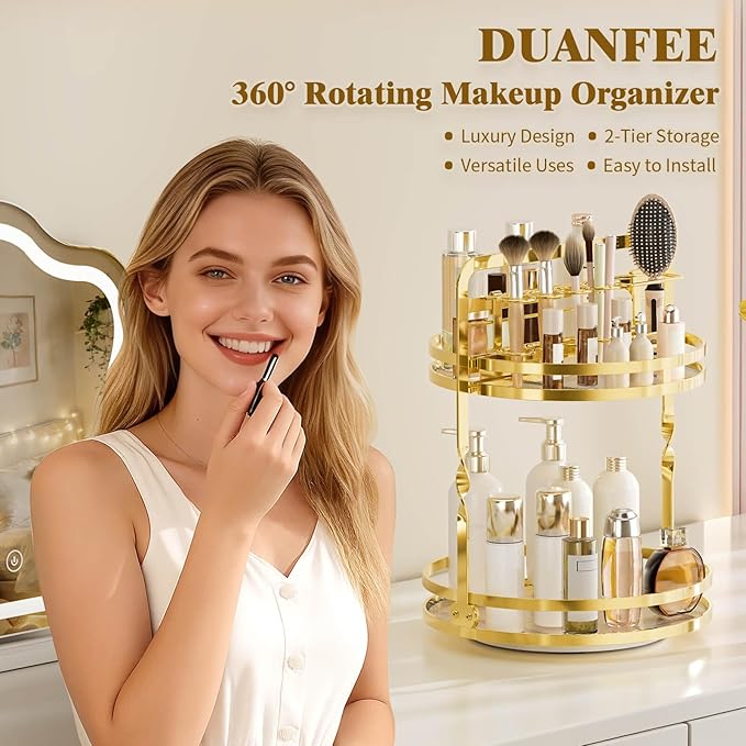 360 Rotating Makeup Organizer Vanity, Gold Perfume Organizer for Dresser, 2 Tier Bathroom Organizer Countertop, Lazy Susan Spinning Perfume Stand for Women, Skincare Storage with Brush Holder