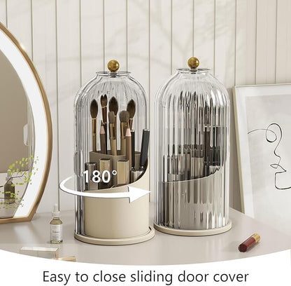 Makeup Brush Holder with Dustproof Cover 360 Rotating Makeup Brush Organizer for Vanity Bathroom, White/Beige