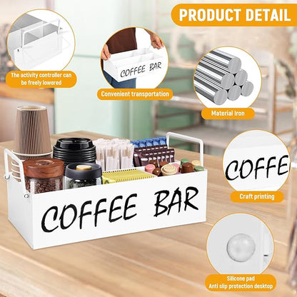 Coffee Station Organizer with Handles, Metal Coffee Bar Accessories Organizer for Countertop, Pod Holder Basket for Sugar Tea - White Table Decor